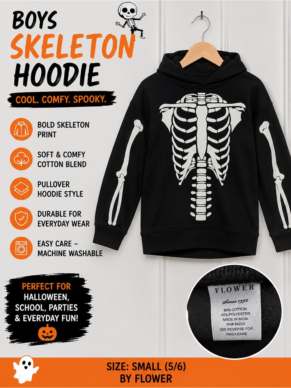 Denim & Flower Black Hoodie with White Skeleton Print